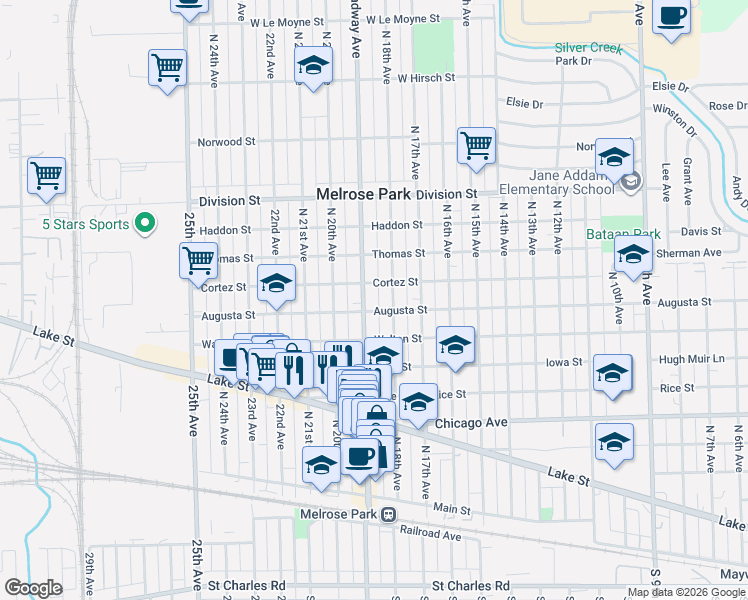 map of restaurants, bars, coffee shops, grocery stores, and more near 1011 North 19th Avenue in Melrose Park