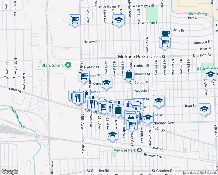 map of restaurants, bars, coffee shops, grocery stores, and more near 1014 North 21st Avenue in Melrose Park