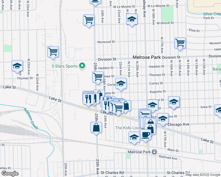map of restaurants, bars, coffee shops, grocery stores, and more near 1015 North 24th Avenue in Melrose Park
