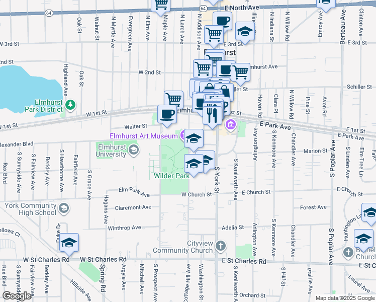 map of restaurants, bars, coffee shops, grocery stores, and more near 145 Arthur Street in Elmhurst