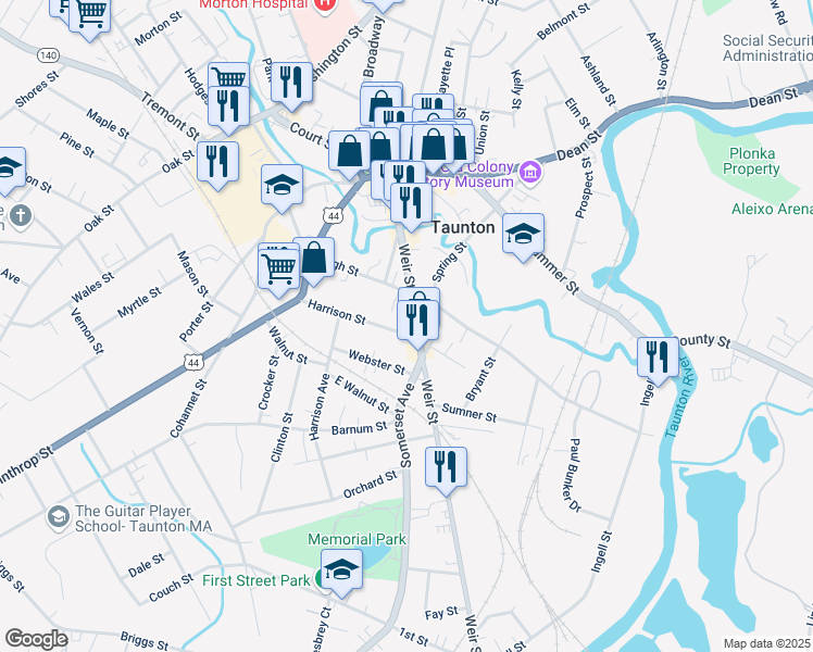 map of restaurants, bars, coffee shops, grocery stores, and more near 5 Harrison Street in Taunton