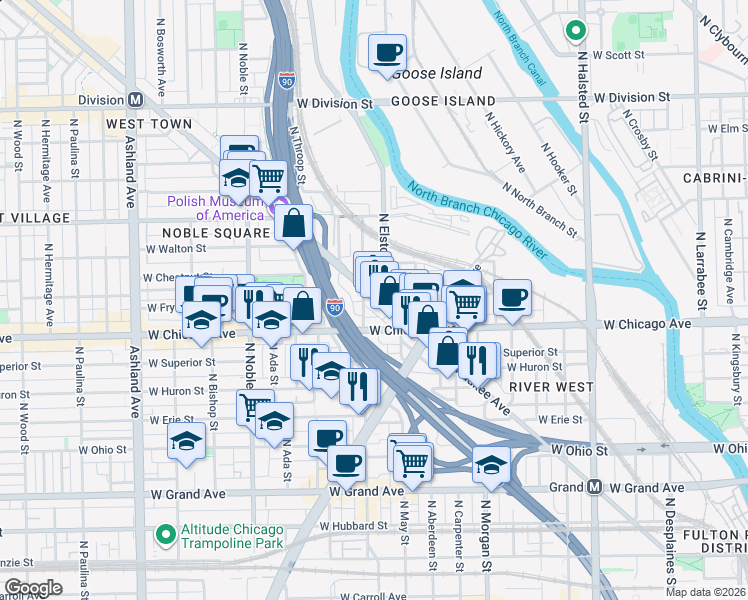 map of restaurants, bars, coffee shops, grocery stores, and more near 1148 West Chicago Avenue in Chicago
