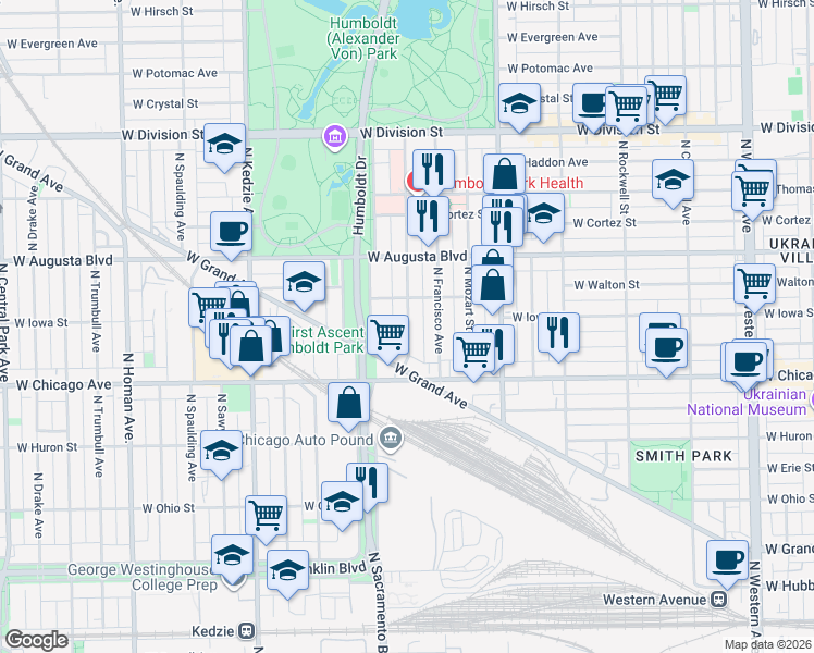 map of restaurants, bars, coffee shops, grocery stores, and more near 828 North Richmond Street in Chicago