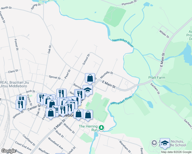 map of restaurants, bars, coffee shops, grocery stores, and more near 270 North Main Street in Middleborough