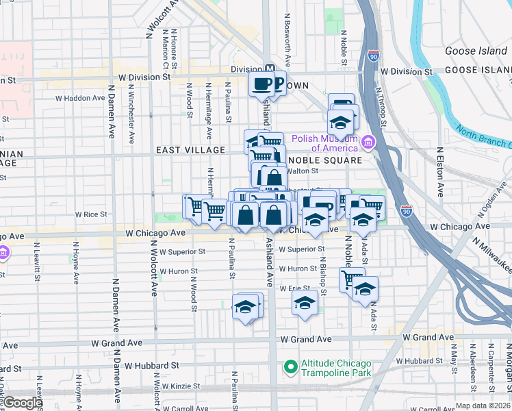 map of restaurants, bars, coffee shops, grocery stores, and more near 814 North Ashland Avenue in Chicago