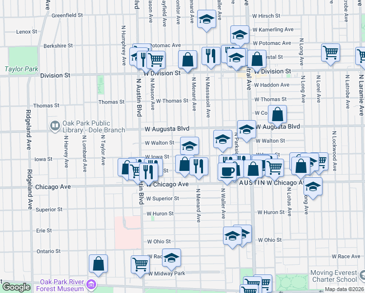 map of restaurants, bars, coffee shops, grocery stores, and more near 5829 West Walton Street in Chicago