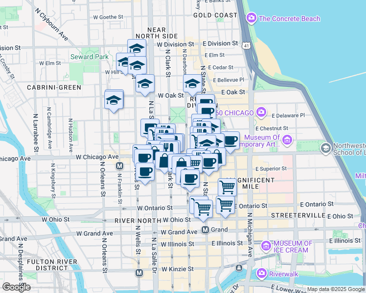 map of restaurants, bars, coffee shops, grocery stores, and more near in Chicago