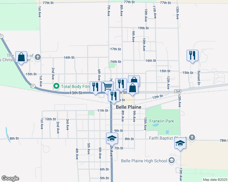 map of restaurants, bars, coffee shops, grocery stores, and more near 702 13th St in Belle Plaine