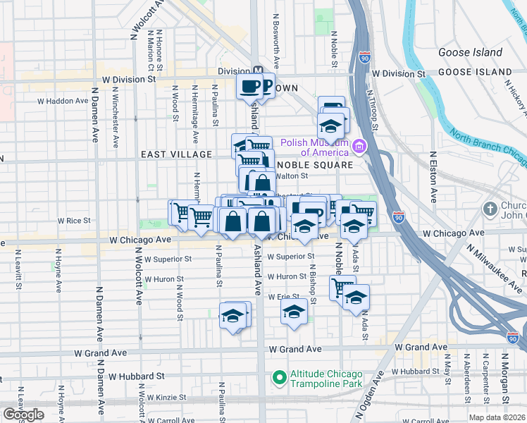 map of restaurants, bars, coffee shops, grocery stores, and more near 814 North Ashland Avenue in Chicago