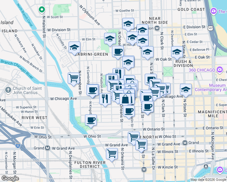 map of restaurants, bars, coffee shops, grocery stores, and more near 820 North Orleans Street in Chicago