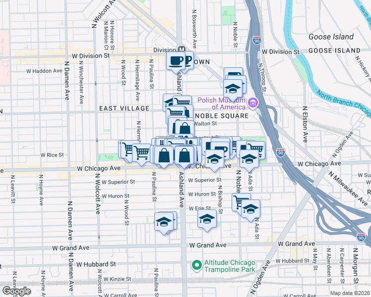 map of restaurants, bars, coffee shops, grocery stores, and more near 839 North Ashland Avenue in Chicago