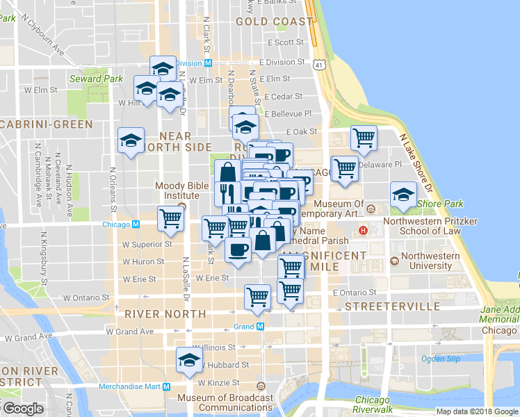 map of restaurants, bars, coffee shops, grocery stores, and more near 808 N State St in Chicago