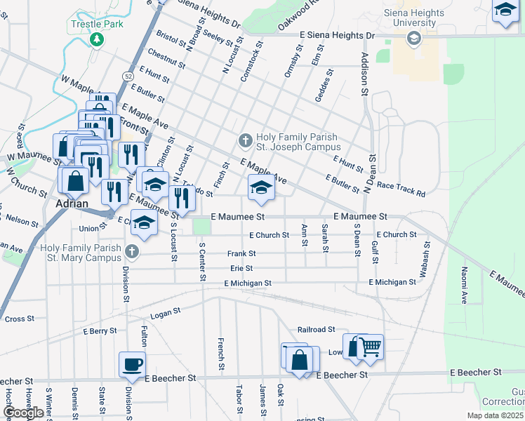 map of restaurants, bars, coffee shops, grocery stores, and more near 801 East Maumee Street in Adrian