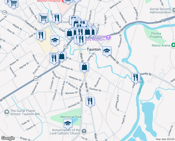 map of restaurants, bars, coffee shops, grocery stores, and more near 2 Newcomb Place in Taunton