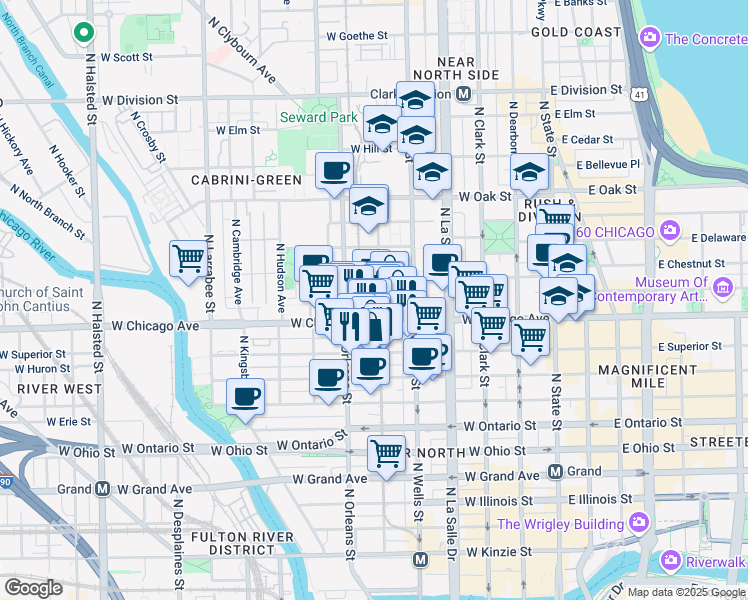 map of restaurants, bars, coffee shops, grocery stores, and more near 324 West Chicago Avenue in Chicago