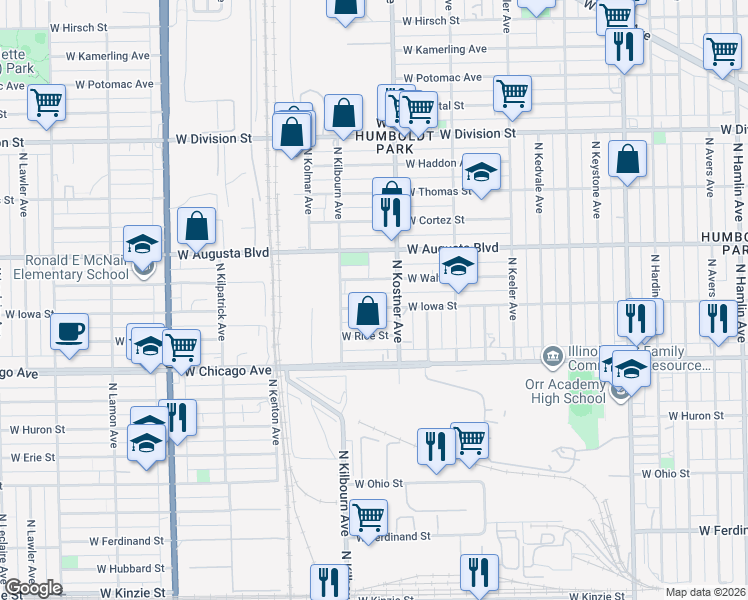 map of restaurants, bars, coffee shops, grocery stores, and more near 4422 West Iowa Street in Chicago