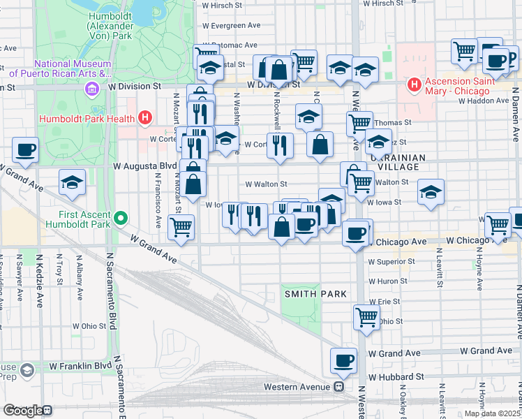 map of restaurants, bars, coffee shops, grocery stores, and more near 2627 West Iowa Street in Chicago