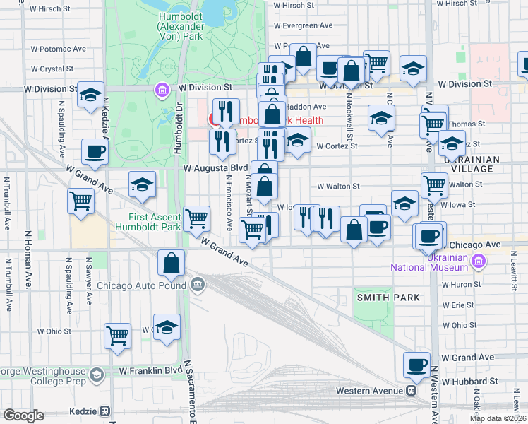 map of restaurants, bars, coffee shops, grocery stores, and more near 879 North Mozart Street in Chicago