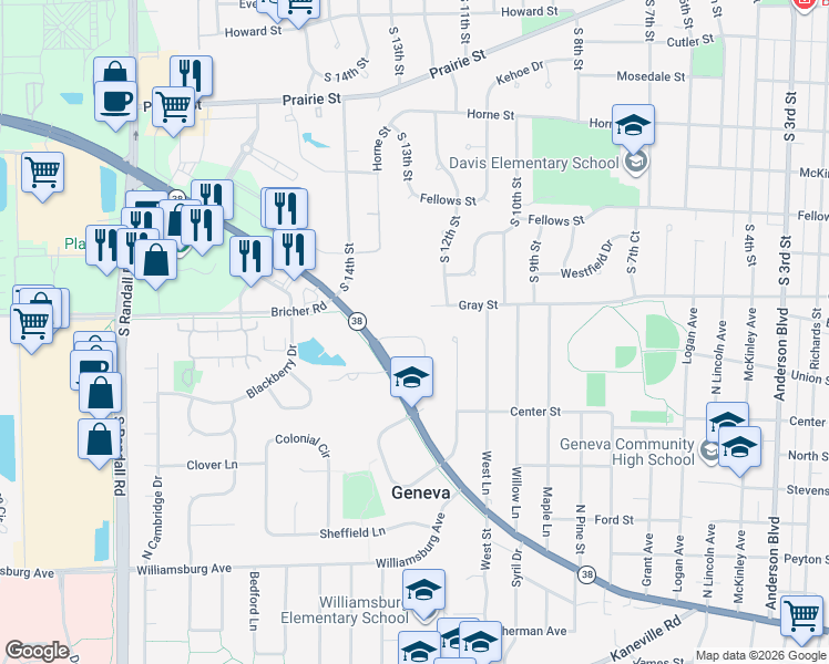 map of restaurants, bars, coffee shops, grocery stores, and more near 1804 Gray Street in Geneva