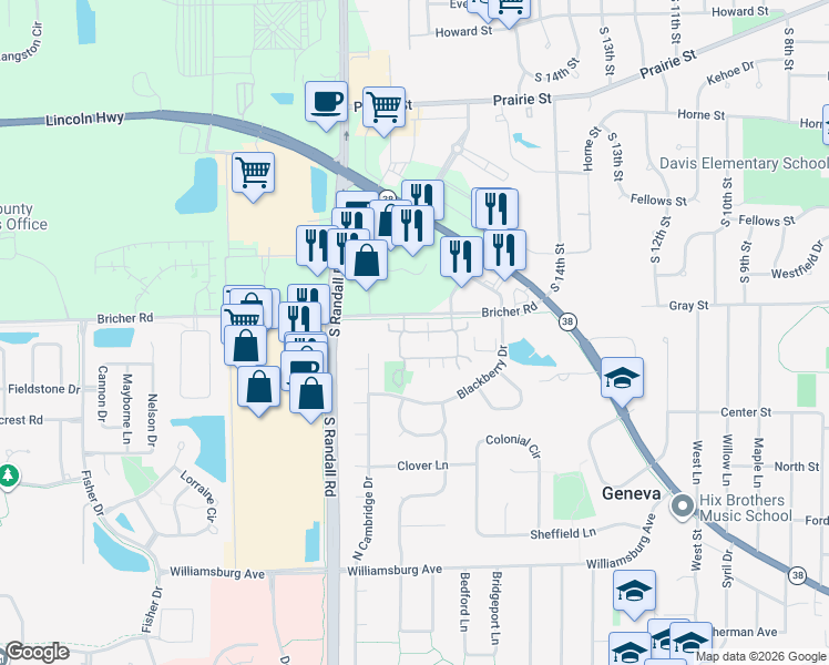 map of restaurants, bars, coffee shops, grocery stores, and more near 2266 Rockefeller Drive in Geneva