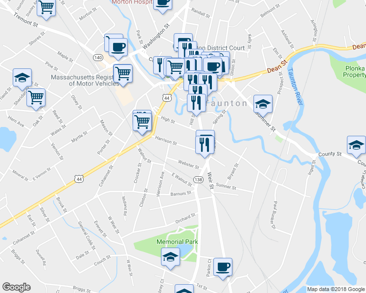 map of restaurants, bars, coffee shops, grocery stores, and more near 24 Harrison Street in Taunton