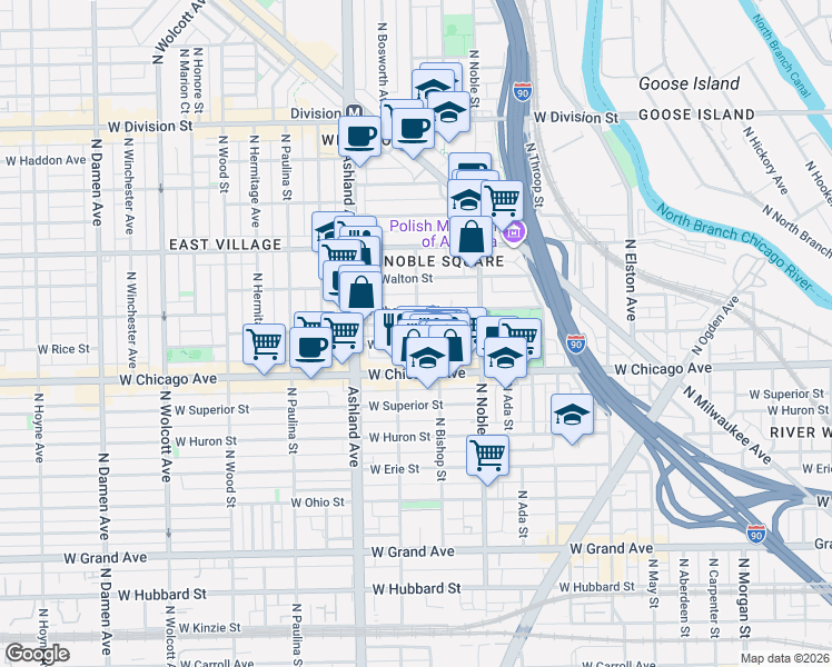 map of restaurants, bars, coffee shops, grocery stores, and more near 1454 West Chestnut Street in Chicago