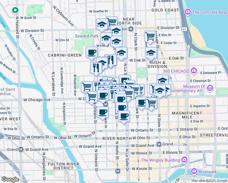 map of restaurants, bars, coffee shops, grocery stores, and more near 820 North Wells Street in Chicago