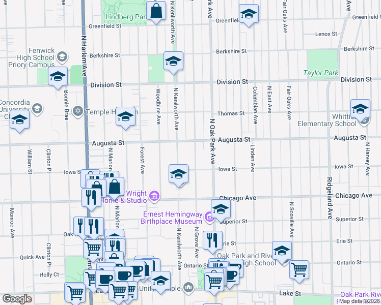 map of restaurants, bars, coffee shops, grocery stores, and more near 645 North Grove Avenue in Oak Park