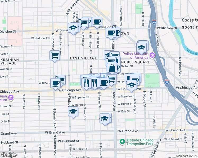 map of restaurants, bars, coffee shops, grocery stores, and more near N Paulina St & W Pearson St in Chicago