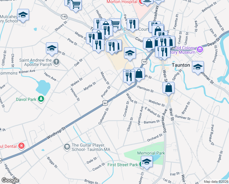 map of restaurants, bars, coffee shops, grocery stores, and more near 207 Cohannet Street in Taunton