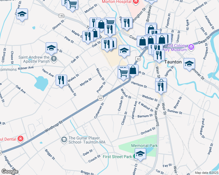 map of restaurants, bars, coffee shops, grocery stores, and more near 207 Cohannet Street in Taunton