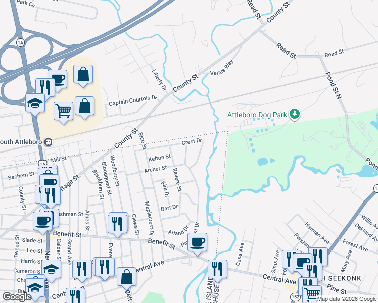 map of restaurants, bars, coffee shops, grocery stores, and more near 116 Crest Drive in Pawtucket