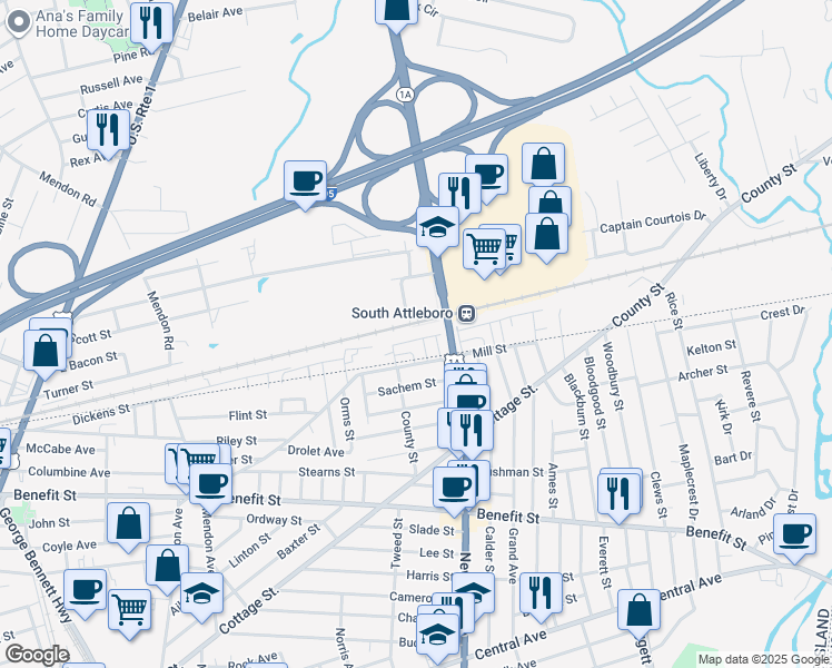 map of restaurants, bars, coffee shops, grocery stores, and more near 1315 Newport Avenue in Attleboro
