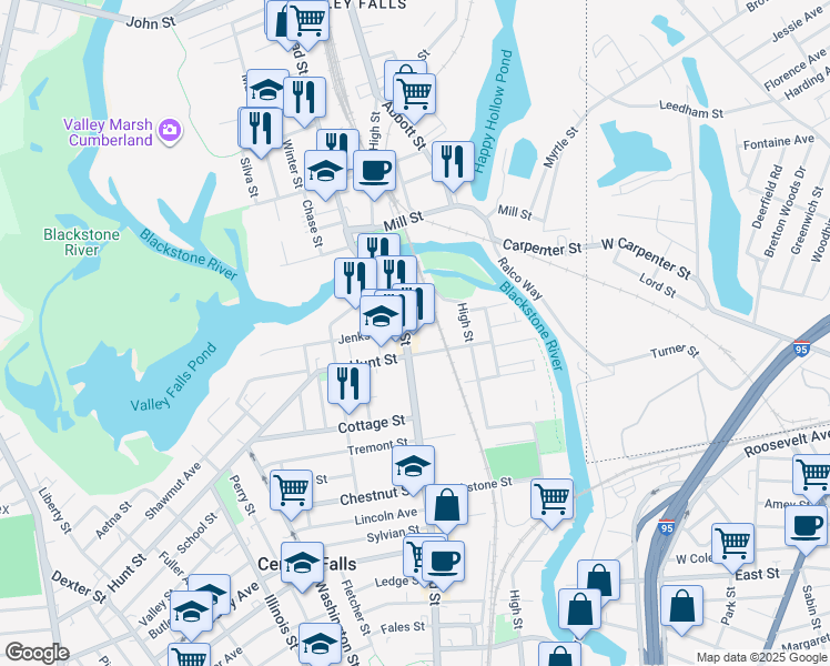 map of restaurants, bars, coffee shops, grocery stores, and more near 82 Division Street in Central Falls
