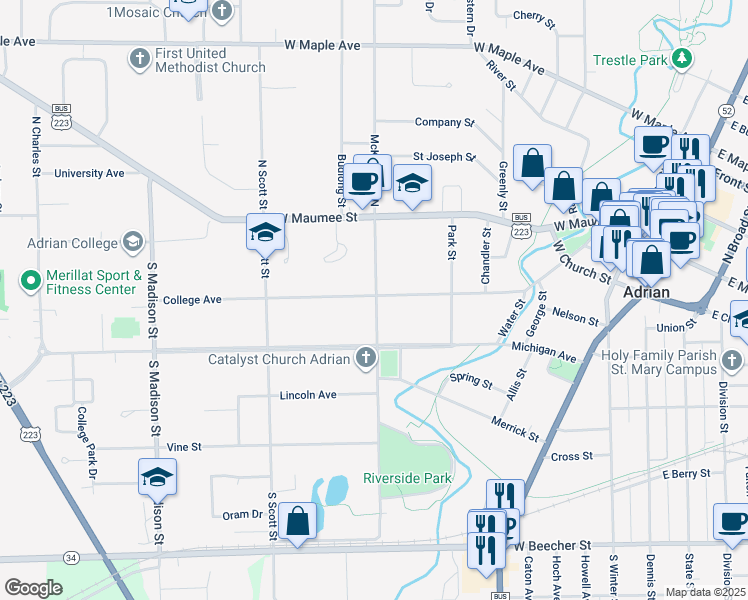 map of restaurants, bars, coffee shops, grocery stores, and more near 168 South McKenzie Street South in Adrian
