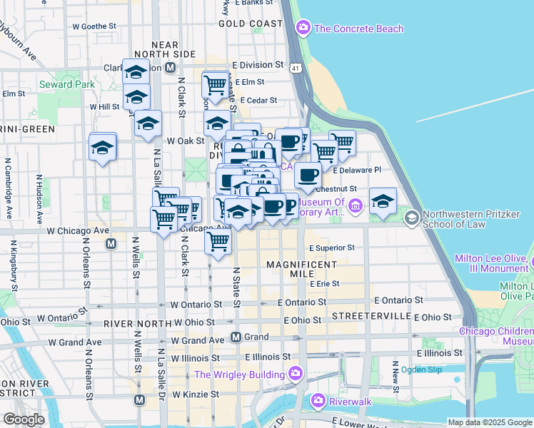 map of restaurants, bars, coffee shops, grocery stores, and more near 840 North Wabash Avenue in Chicago