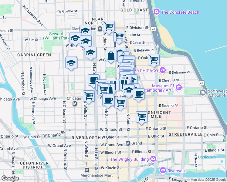 map of restaurants, bars, coffee shops, grocery stores, and more near 55 West Chestnut Street in Chicago
