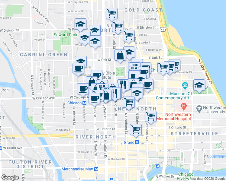 map of restaurants, bars, coffee shops, grocery stores, and more near 103 West Chestnut Street in Chicago