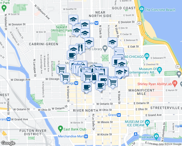 map of restaurants, bars, coffee shops, grocery stores, and more near 840 North LaSalle Drive in Chicago