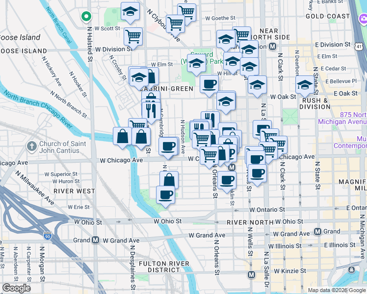 map of restaurants, bars, coffee shops, grocery stores, and more near 851 North Cleveland Avenue in Chicago