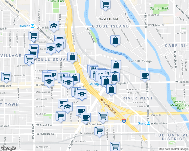 map of restaurants, bars, coffee shops, grocery stores, and more near in Chicago