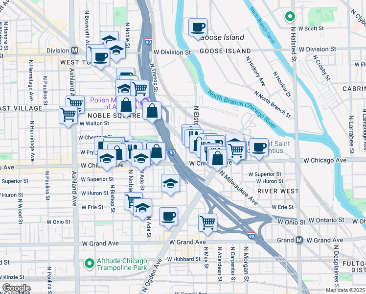 map of restaurants, bars, coffee shops, grocery stores, and more near 1223 West Chestnut Street in Chicago