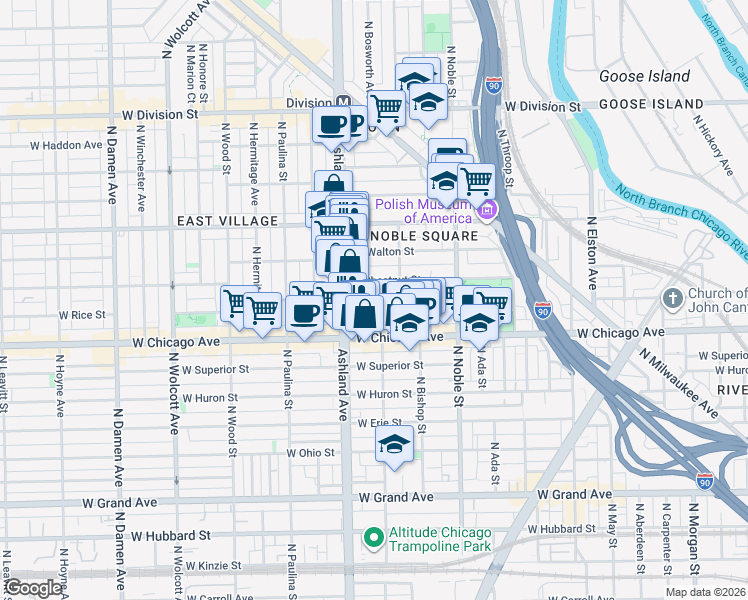 map of restaurants, bars, coffee shops, grocery stores, and more near 1530 West Chestnut Street in Chicago