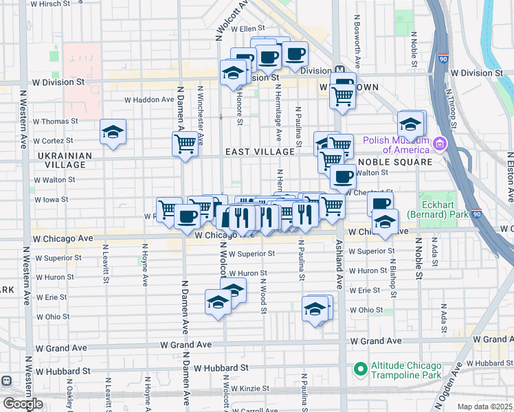 map of restaurants, bars, coffee shops, grocery stores, and more near 903 North Wood Street in Chicago
