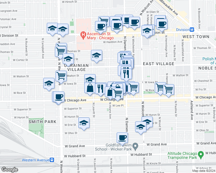 map of restaurants, bars, coffee shops, grocery stores, and more near in Chicago