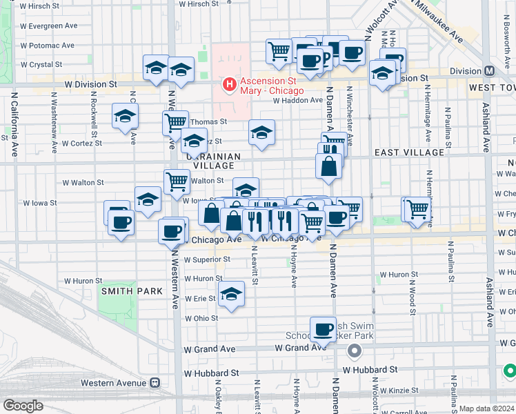 map of restaurants, bars, coffee shops, grocery stores, and more near 2134 West Iowa Street in Chicago
