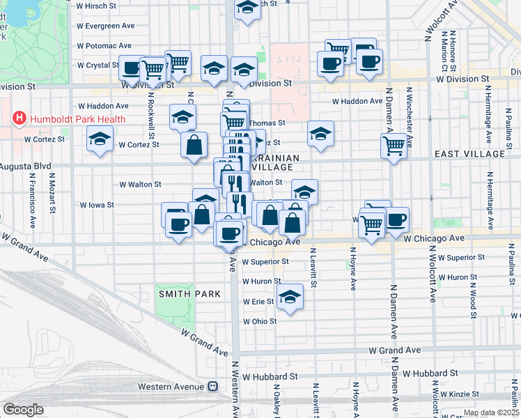 map of restaurants, bars, coffee shops, grocery stores, and more near 2324 West Iowa Street in Chicago
