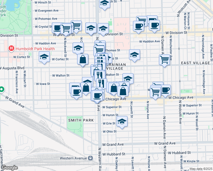 map of restaurants, bars, coffee shops, grocery stores, and more near 2324 West Iowa Street in Chicago