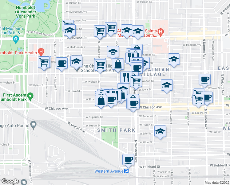 map of restaurants, bars, coffee shops, grocery stores, and more near 2516 West Iowa Street in Chicago