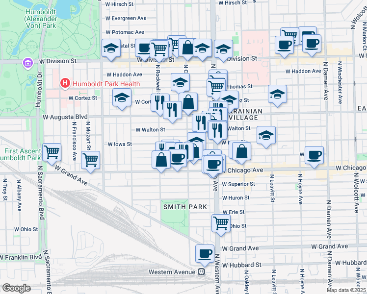 map of restaurants, bars, coffee shops, grocery stores, and more near 2516 West Iowa Street in Chicago